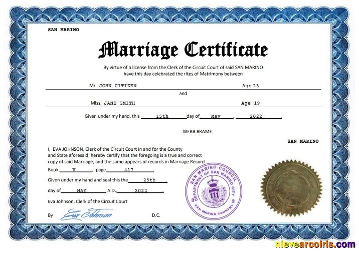 San Marino marriage certificate